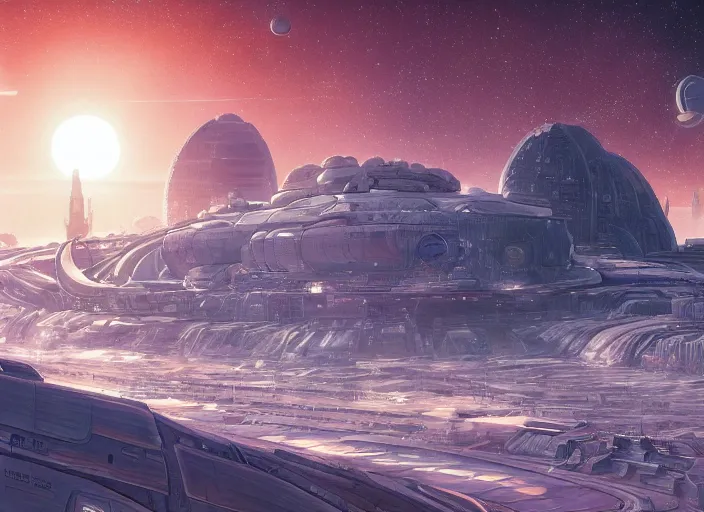 Image similar to close up view of a bustling space port on an alien planet by jeff darrow and moebius, earth and pastel colors, dramatic perspective, highly detailed, ultra realistic, masterpiece, 4 k, 8 k