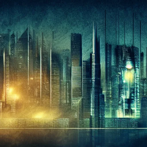 Prompt: a photograph of a city skyline, in the style of douglas trumbull, blade runner, cyberpunk, modernism, 4 k, ultra realistic, highly detailed