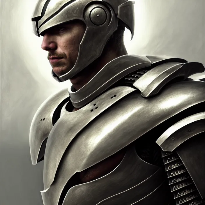 Image similar to portrait of a man wearing cyborg armor, Spartan hoplite design, subject in the center of the frame, wide angle shot, diffuse lighting, fantasy, intricate, elegant, highly detailed, lifelike, photorealistic, digital painting, artstation, illustration, concept art, smooth, sharp focus, art by John Collier and Albert Aublet and Krenz Cushart and Artem Demura and Alphonse Mucha