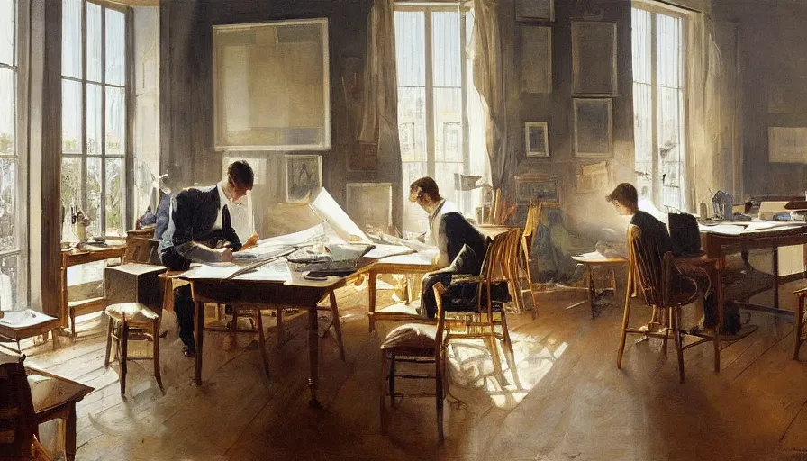 Image similar to painting of work table at a 20 century office, by Peder Krøyer, dramatic lighting, volumetric lighting, golden hour, epic, intricate detail, canvas print