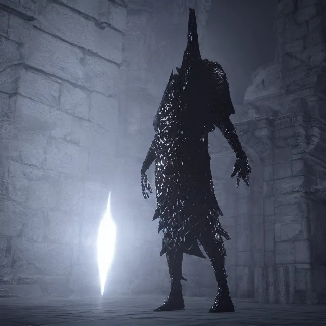 Image similar to balenciaga fashion monster reimagined as a boss in dark souls, dark cinematic, volumetric, realistic, cinematic lighting, ray tracing, unreal engine 5, unreal engine render, octane render, hyper realistic, photo, 8 k