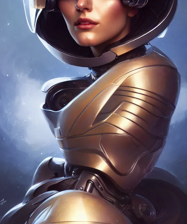 Image similar to futuristic woman in helmet portrait, sci-fi, amber eyes, face, long hair, fantasy, intricate, elegant, highly detailed, digital painting, artstation, concept art, smooth, sharp focus, illustration, art by artgerm and greg rutkowski and alphonse mucha