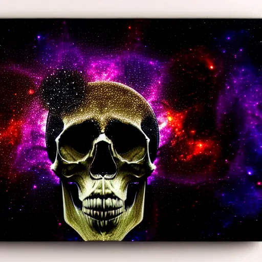 Prompt: black background, with a foreground of a symmetrical skull with a texture of paint pour modern abstract very detailed 8 k 4 k canvas, fractal, cosmic alien worlds, nebula, galactic, planets, space, extreme details