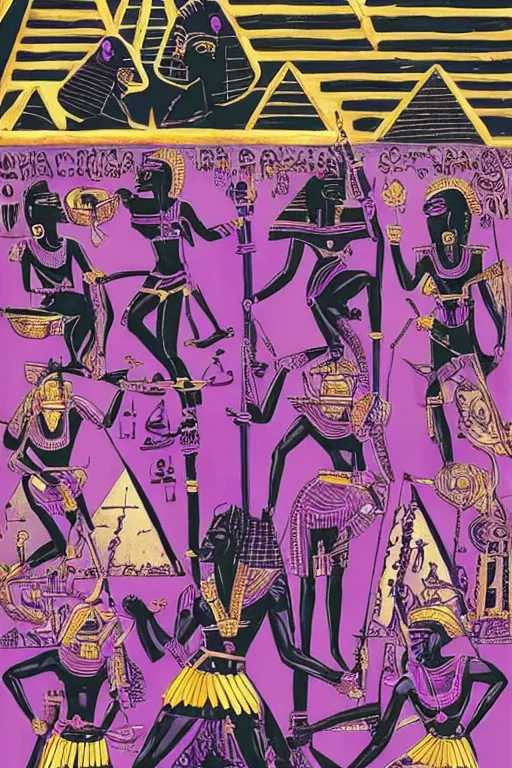 Image similar to A black Warrior Queen in purple surrounded by black panthers with Egyptian pyramids in the background