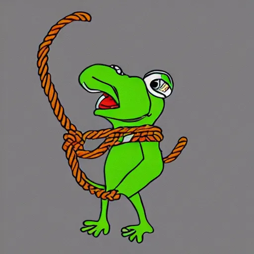 Image similar to a sticker illustration of pepe with a rope, highly detailed, carefully drawn, meme, artstation, artstationHQ, artstationHD, behance