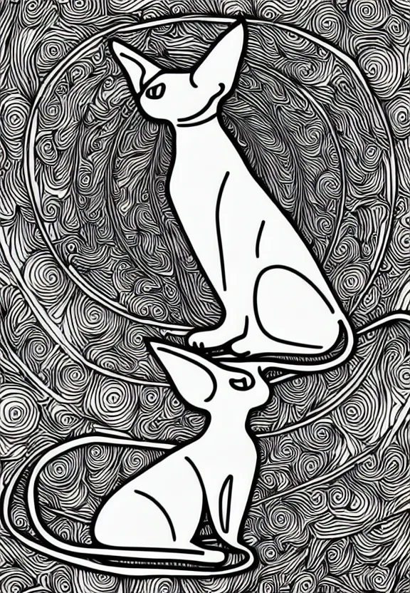 Image similar to sphynx cat statue ornaments fractal ink drawing line art colouring page, vector, margins, fine lines, centered