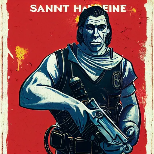 Image similar to saint homo neanderthalis, portrait, propaganda poster, with book of science on his right hand, and riffle, violet polsangi pop art, gta chinatown wars art style, bioshock infinite art style, hyperrealistic, two colors, white frame border, 4 k, uhd, remove duplicate content, align left content.