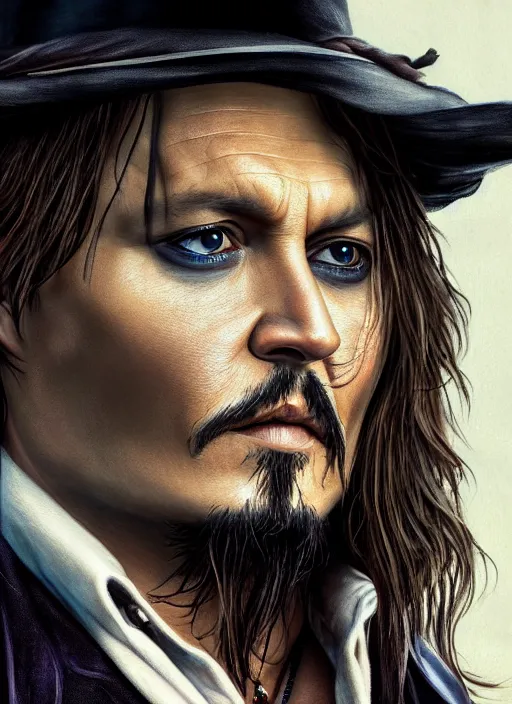 Prompt: portait of Johnny Depp, sharp focus, illustation, stunning lighting, realistic character concept, light atmosphere, golden ration, cinematic lighting, high resolution, insanely detailed and intricate, art by Hayao Miyazaki and Matt Groening, 8k