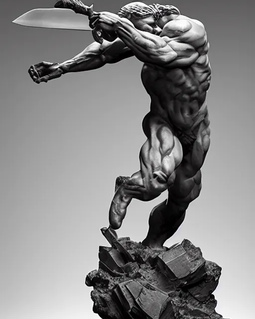 Prompt: a full figure rough marble sculpture of running Orc holding a sword, by Frazetta and Bernini, studio lighting, wide angle lens