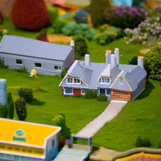 Image similar to diorama of The Simpsons' house, tilt-shift photography, highly detailed