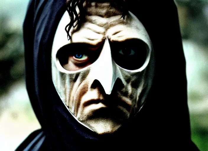 Image similar to white man with black fabric mask, short dark hair, true anatomy!, photorealistic, film still, style of lord of the ring by peter jackson - h 7 6 8