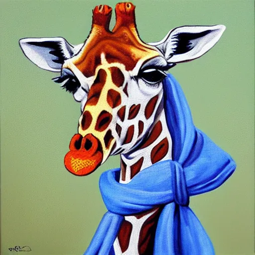 Image similar to giraffe with a blue scarf, canvas, painting by van gog