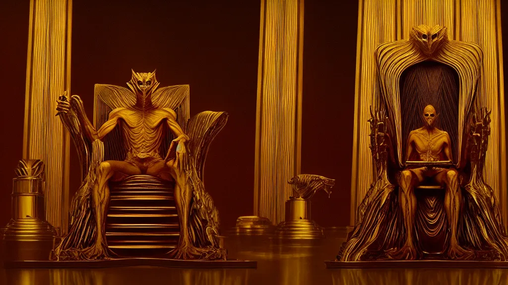 Image similar to a strange creature sits on a golden art deco throne, film still from the movie directed by Denis Villeneuve with art direction by Zdzisław Beksiński, symmetrical, wide lens