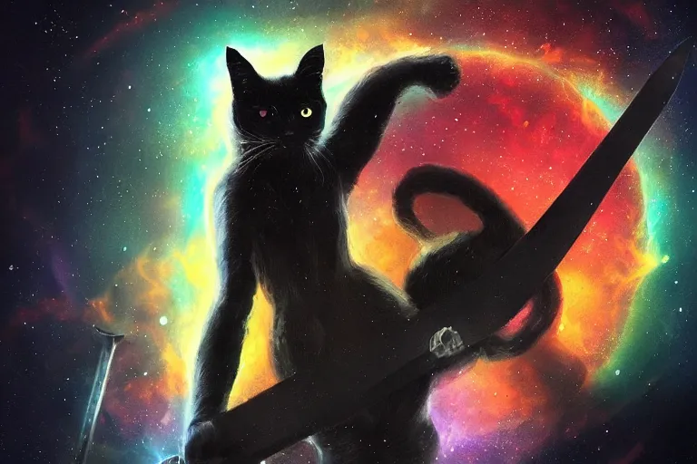 Prompt: a black cat holding a sword of galaxy, magic, digital art, glowing effect , concept art trending on artstation ,