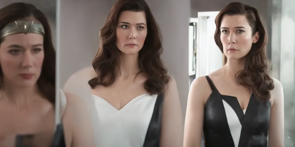 Prompt: ultra wide angle photo of mary elizabeth winstead dressed in a white blouse and black dress pants as diana prince looking at herself in a bathroom mirror and seeing her reflection as wonder woman