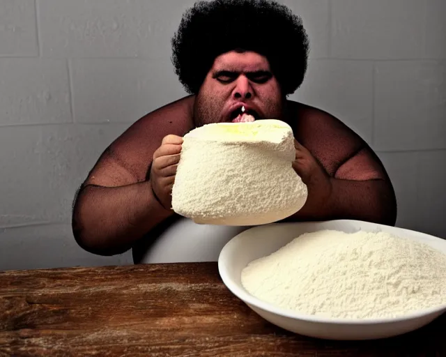 Image similar to Obese man with an afro eating as much flour and oil humanly possible, he weighs 900000000 pounds and is drinking oil from a pitcher