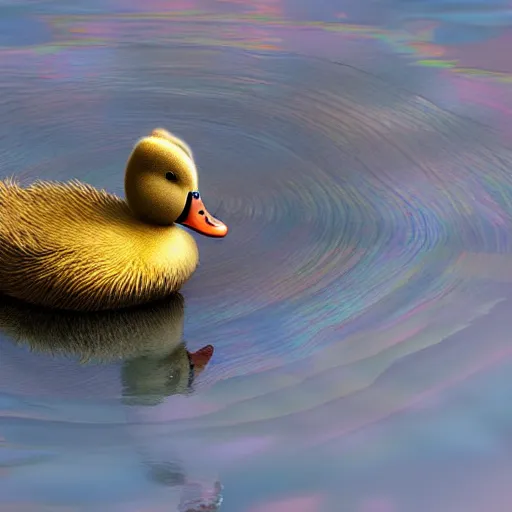 Image similar to furry duck in iridescent water, volumetric light, high detail, photorealistic