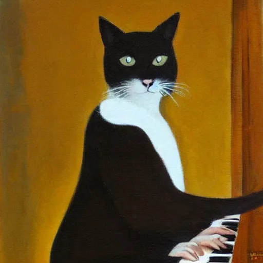 Image similar to an cat playing piano, oil painting,