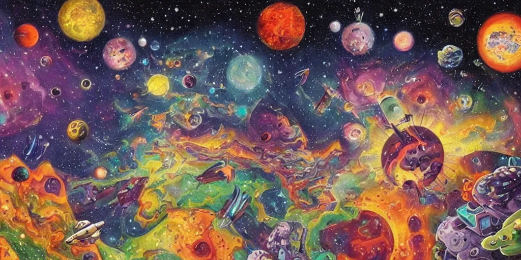Image similar to a beautiful painting of an elaborate space scene painted by bosch and lisa frank, detailed