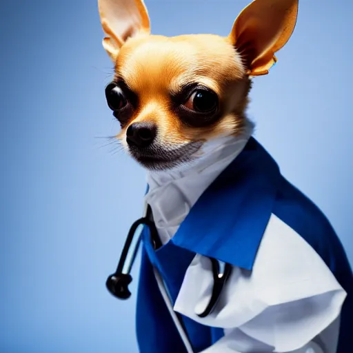 Image similar to chihuahua wearing doctor's attire, studio lighting