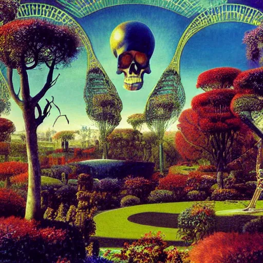 Prompt: a colorful, detailed print - a garden in the sky with a latticework of trees and the remnants of a flying saucer with a skull background. by arnold bocklin and barclay shaw, masterful print. 4 k, unreal engine stunning art nouveau