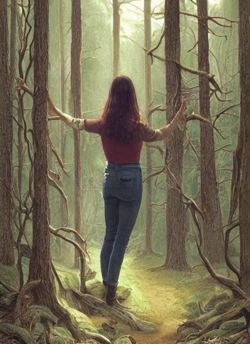 Prompt: portrait of jennifer connelly in woods looking for her friends, twin peaks poster art, from scene from twin peaks, by michael whelan, rossetti bouguereau, artgerm, retro, nostalgic, old fashioned