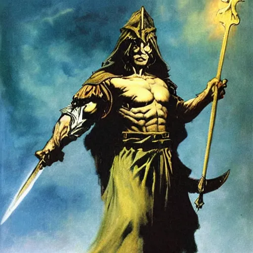 Prompt: wizard wielding the sword of truth by frank frazetta