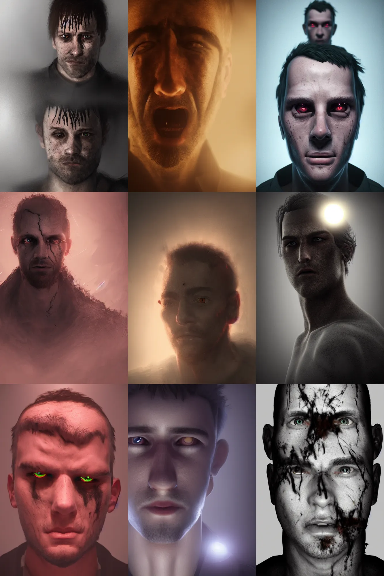 Prompt: A self portrait of a man with horror in his eyes, backlight, volumetric lighting, detailed, trending on artstation