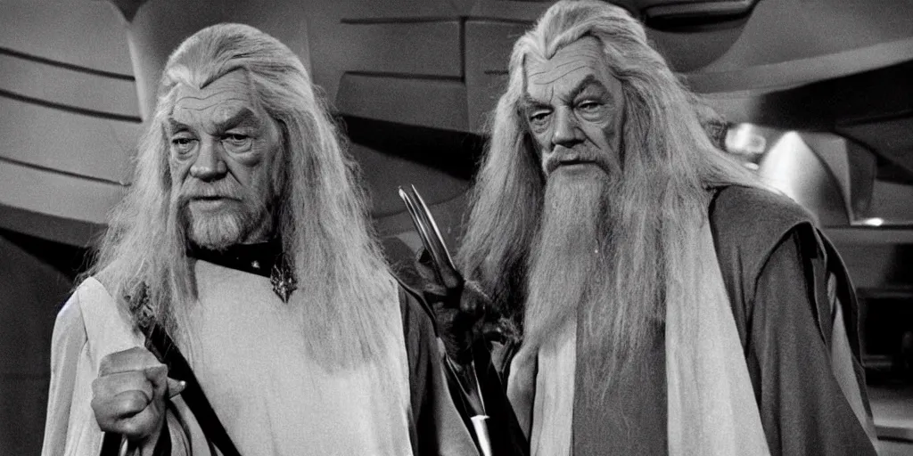 Prompt: Gandalf, in starfleet uniform, in the role of Captain Kirk in a scene from Star Trek the original series