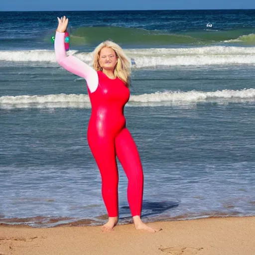 Prompt: photograph of a blonde woman in a wetsuit on the beach with a hugely inflated body. she's overinflated and about to burst.