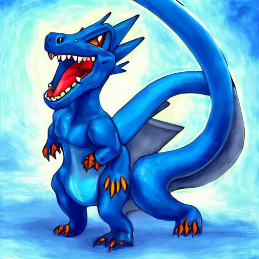 Image similar to a blue charizard ~ painting ~ water powers ~ digital art ~ amazing ~ trending ~