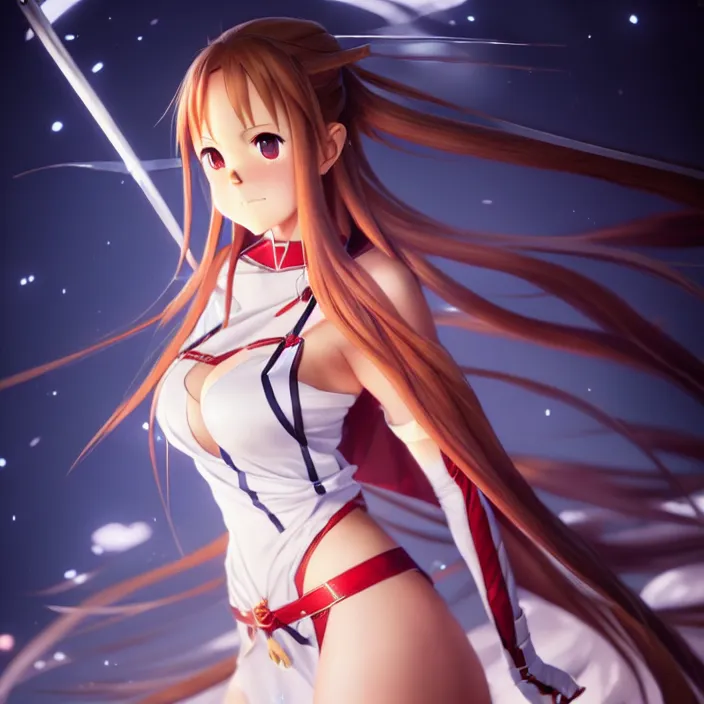 Prompt: very beautifu photo of asuna from sao, asuna by a - 1 pictures, by greg rutkowski, gil elvgren, enoch bolles, glossy skin, pearlescent, anime, maxim magazine, very coherent, mega detailed, 3 d render