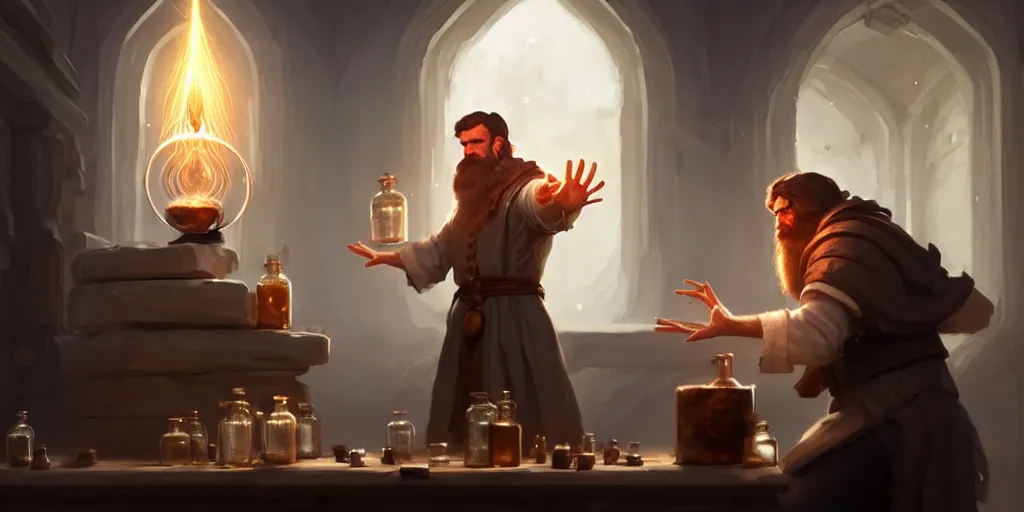 Image similar to a handsome bearded white male mage with brown hair he is casting a spell emanating from his hands, he is in a alchemist workshop filled with beakers and equipment, open hands, sharp focus, waist up, trending on artstation, by greg rutkowski, rudy siswanto and anna podedworna