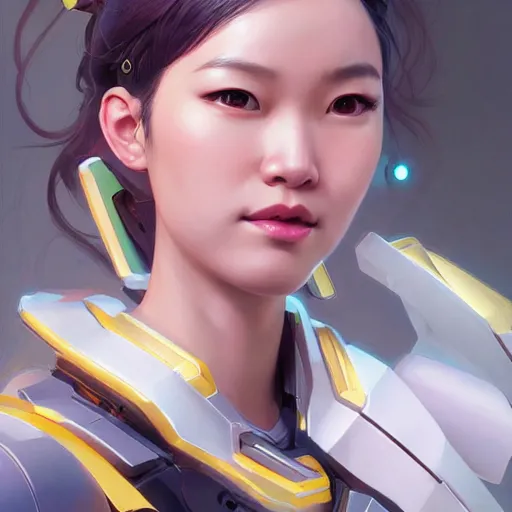 Image similar to science-fiction character portrait of DVa Hana Song Korean woman from Overwatch, intricate, wild, highly detailed, digital painting, artstation, upper body, concept art, smooth, sharp focus, illustration, art by artgerm and greg rutkowski and alphonse mucha