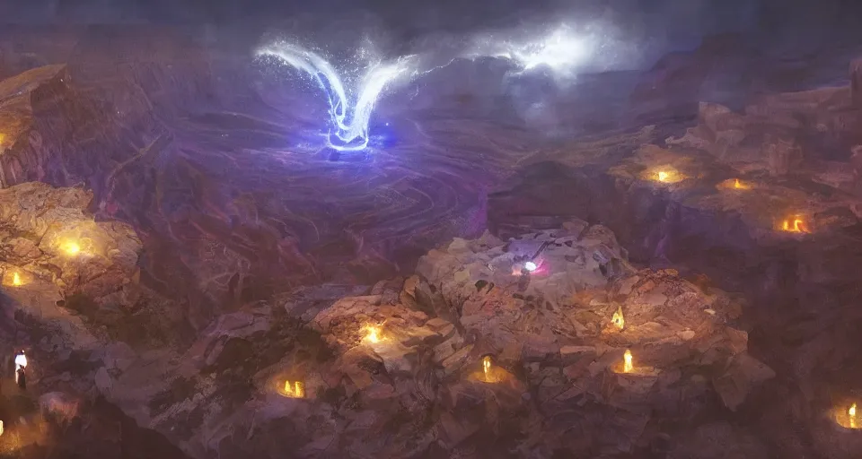 Image similar to night, a lot of people and a spiral - shaped white luminous attractor is floating in grand canyon, concept art, art for the game, professional lighting, art