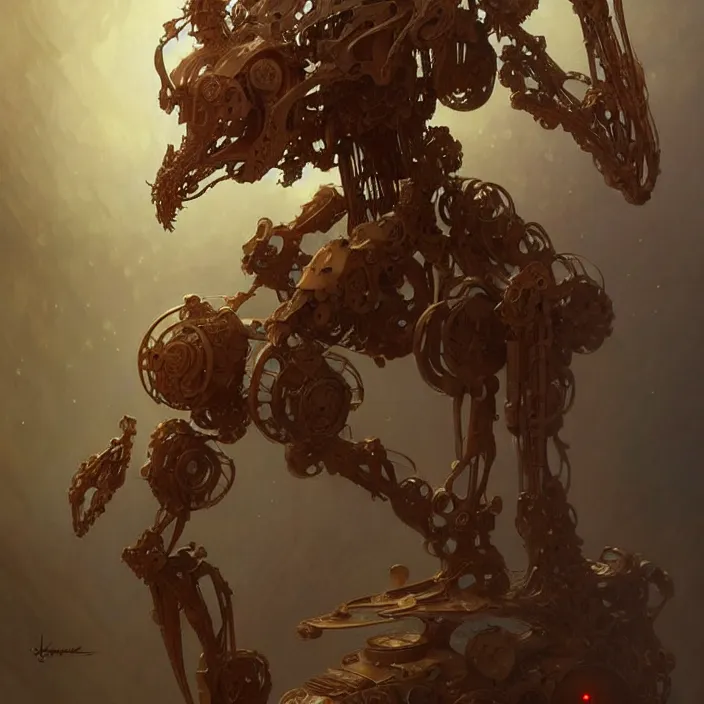 Prompt: organic wooden mech, diffuse lighting, fantasy, intricate, elegant, highly detailed, lifelike, photorealistic, digital painting, artstation, illustration, concept art, smooth, sharp focus, art by john collier and albert aublet and krenz cushart and artem demura and alphonse mucha