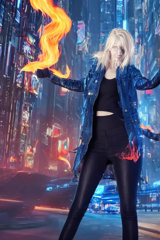 Image similar to young blonde woman with flames dancing on her hands with a long jacket in a cyberpunk city, detailed and realistic face, detailed and realistic hands, realistic, high definition, 4 k, shimmering color, epic digital art