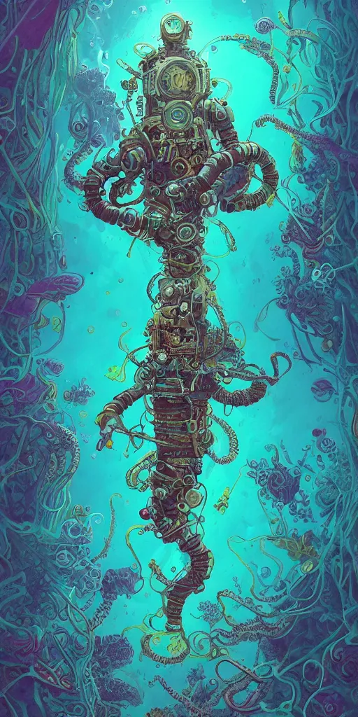 Prompt: a picture of mysterious colourful underwater sea life, being discovered by a man in a steampunk diving suit. water is deep aquamarine coloured. poster art by james jean, concept art, behance contest winner, very detailed, award - winning. lovecraftian, cosmic horror, bioluminescence.