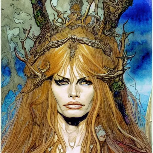 Image similar to a realistic and atmospheric watercolour fantasy character concept art portrait of brigitte bardot as a druidic warrior wizard looking at the camera with an intelligent gaze by rebecca guay, michael kaluta, charles vess and jean moebius giraud