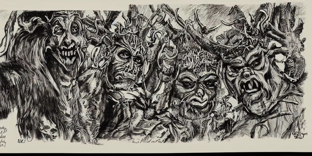 Prompt: scan of book with intricate ink drawings of tyrolean folklore masks, krampus, scary dark, dark ink, old paper