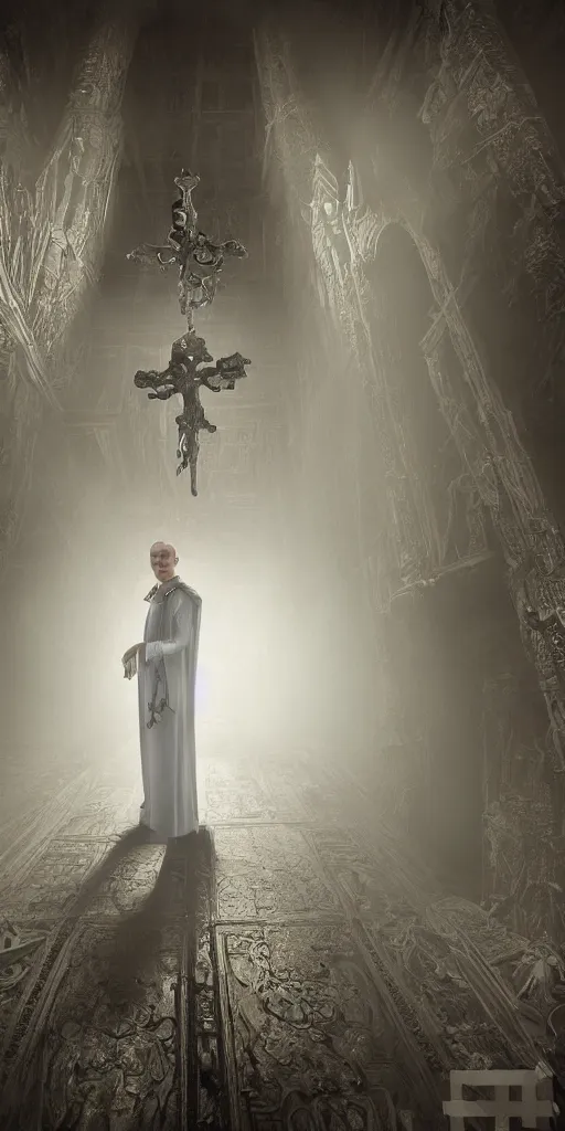 Image similar to a highly realistic and detailed full Priest standing in a dark dirty basement holding a rosary, wide angle 70mm lens, volumetric haze, front facing camera, symmetrical, photorealistic, insanely detailed and intricate, epic, hyper realistic, elegant, ornate, elite, horror, creepy, ominous, haunting, cinematic lighting, unreal engine, cinematic centered camera, high detail, no blur, unreal engine 8k