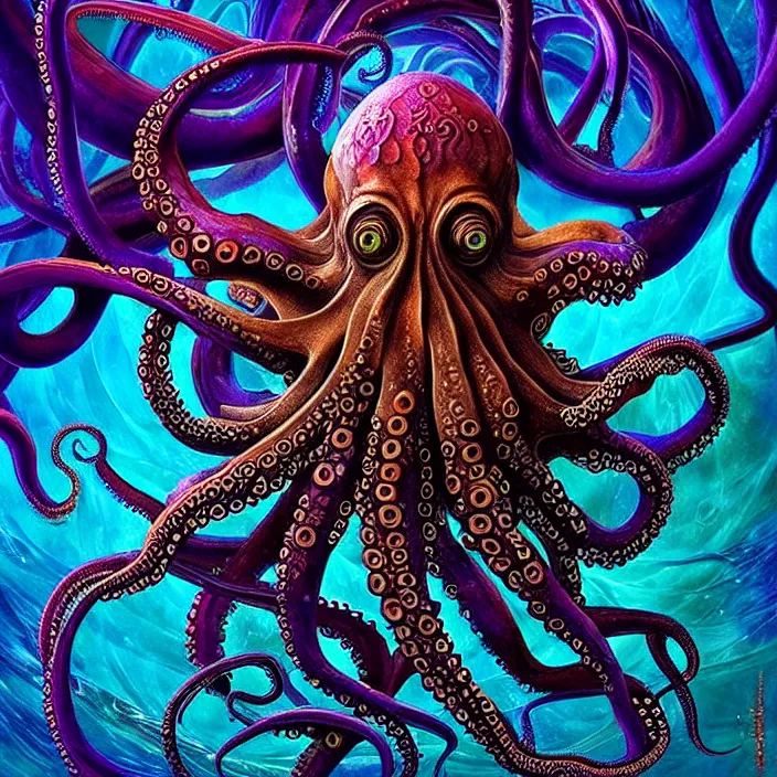 Image similar to depicting an octopus, in the style of h. p. lovecraft, exuberant organic elegant forms, by karol bak and filip hodas : : 1. 4 purple, red, blue, green, black intricate mandala explosions : : intuit art : : turbulent water backdrop : : damask wallpaper : : atmospheric