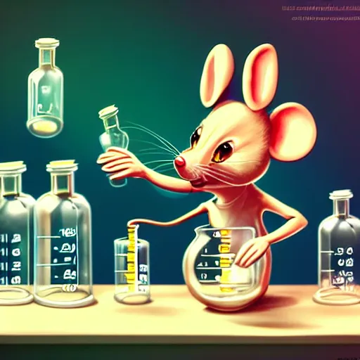 Image similar to anthropomorphic mouse performing a chemistry experiment, in a cluttered lab, lots of beakers, illustration, cyberpunk, sci - fi fantasy, intricate, elegant, highly detailed, digital painting, pastel colors, artstation, concept art