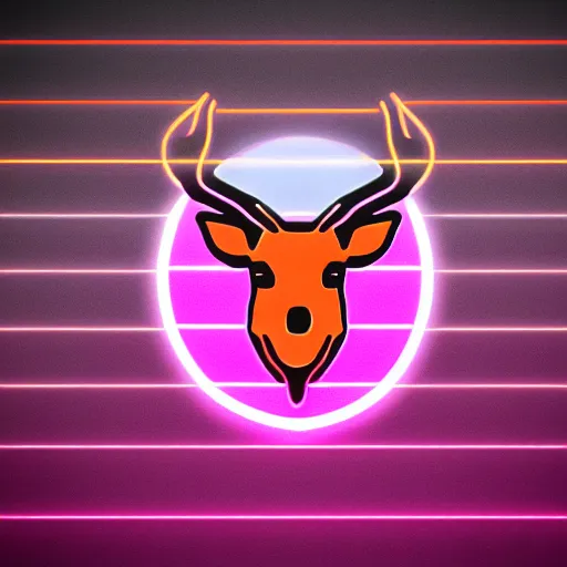 Prompt: logo for corporation that involves deer head, symmetrical, retro pink synthwave style, retro sci fi, neon lighting