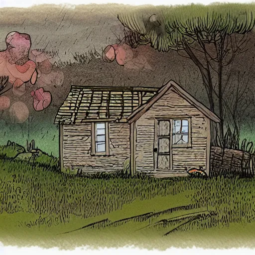 Image similar to a colored ink illustration of a humble cottage, drawn on white parchment paper, vibe, atmosphere, detailed, muted colors, by greg rutowski and ryan berkley