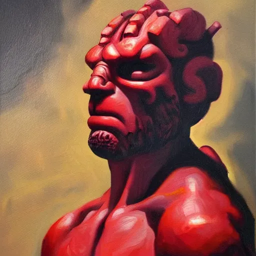 Image similar to hellboy portrait. oil painting. 3 / 4 view. closeup. based on the great masters. baroque.