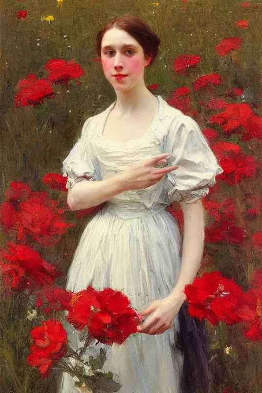 Image similar to Solomon Joseph Solomon and Richard Schmid and Jeremy Lipking victorian genre painting portrait painting of an elegant slim young cottagecore girl in an open field of flowers, red background