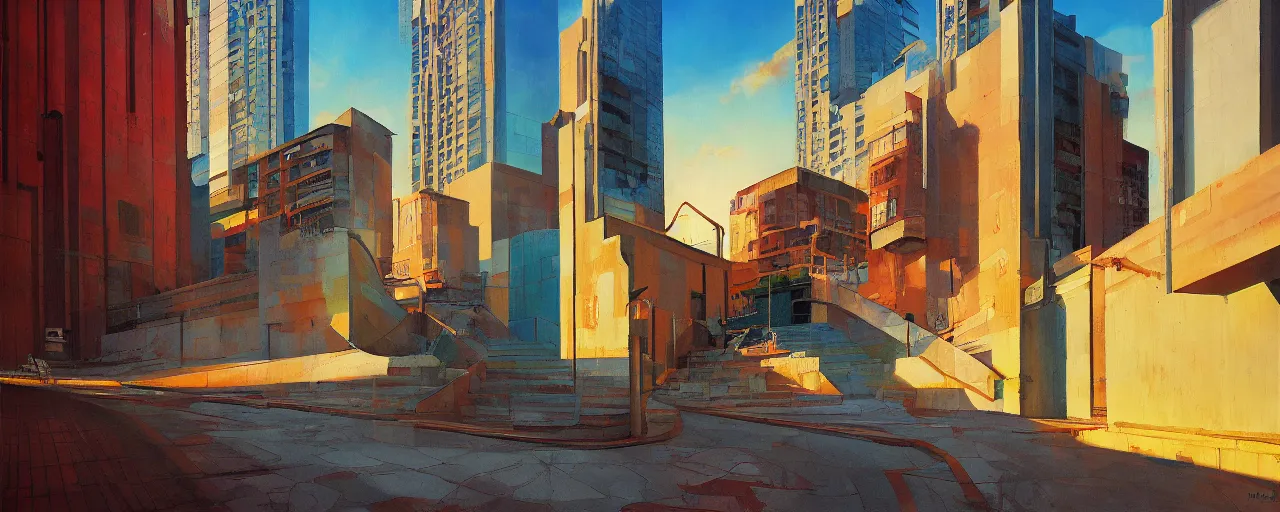 Image similar to An oilpainting of neo brutralism, concrete housing, a long stairway up, concept art, colorful, vivid colors, sunrise, warm colors, light, strong shadows, reflections, cinematic, 3D, in the style of Akihiko Yoshida and Edward Hopper