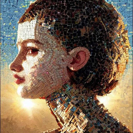 Prompt: mosaic portrait of a beautiful young girl with robot ears falling into the sun by greg rutkowski, 4k, intricate details, dichotomy