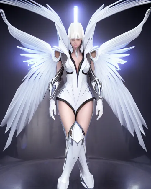 Image similar to perfect white haired attractive egyptian goddess with huge white dove wings, warframe armor, beautiful, symmetric, charlize, half asian, pretty face, blue eyes, detailed, scifi platform, laboratory, experiment, 4 k, ultra realistic, epic lighting, android body, illuminated, cinematic, masterpiece, art by akihito tsukushi, voidstar